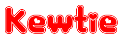 The image is a red and white graphic with the word Kewtie written in a decorative script. Each letter in  is contained within its own outlined bubble-like shape. Inside each letter, there is a white heart symbol.