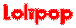 The image is a clipart featuring the word Lolipop written in a stylized font with a heart shape replacing inserted into the center of each letter. The color scheme of the text and hearts is red with a light outline.