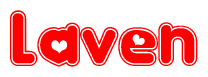 The image is a red and white graphic with the word Laven written in a decorative script. Each letter in  is contained within its own outlined bubble-like shape. Inside each letter, there is a white heart symbol.