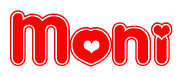 The image is a red and white graphic with the word Moni written in a decorative script. Each letter in  is contained within its own outlined bubble-like shape. Inside each letter, there is a white heart symbol.
