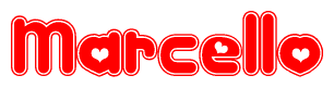 The image is a clipart featuring the word Marcello written in a stylized font with a heart shape replacing inserted into the center of each letter. The color scheme of the text and hearts is red with a light outline.