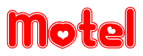 The image is a red and white graphic with the word Motel written in a decorative script. Each letter in  is contained within its own outlined bubble-like shape. Inside each letter, there is a white heart symbol.