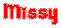 The image is a red and white graphic with the word Missy written in a decorative script. Each letter in  is contained within its own outlined bubble-like shape. Inside each letter, there is a white heart symbol.