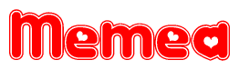The image is a red and white graphic with the word Memea written in a decorative script. Each letter in  is contained within its own outlined bubble-like shape. Inside each letter, there is a white heart symbol.
