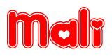The image is a red and white graphic with the word Mali written in a decorative script. Each letter in  is contained within its own outlined bubble-like shape. Inside each letter, there is a white heart symbol.