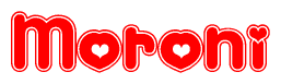 The image displays the word Moroni written in a stylized red font with hearts inside the letters.