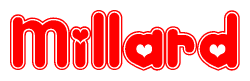 The image is a red and white graphic with the word Millard written in a decorative script. Each letter in  is contained within its own outlined bubble-like shape. Inside each letter, there is a white heart symbol.