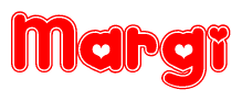 The image is a clipart featuring the word Margi written in a stylized font with a heart shape replacing inserted into the center of each letter. The color scheme of the text and hearts is red with a light outline.