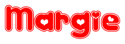 The image is a red and white graphic with the word Margie written in a decorative script. Each letter in  is contained within its own outlined bubble-like shape. Inside each letter, there is a white heart symbol.