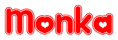The image is a clipart featuring the word Monka written in a stylized font with a heart shape replacing inserted into the center of each letter. The color scheme of the text and hearts is red with a light outline.