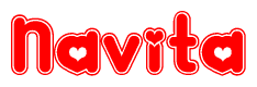The image is a red and white graphic with the word Navita written in a decorative script. Each letter in  is contained within its own outlined bubble-like shape. Inside each letter, there is a white heart symbol.
