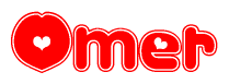The image displays the word Omer written in a stylized red font with hearts inside the letters.
