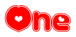 The image is a clipart featuring the word One written in a stylized font with a heart shape replacing inserted into the center of each letter. The color scheme of the text and hearts is red with a light outline.