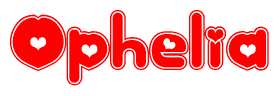 The image is a clipart featuring the word Ophelia written in a stylized font with a heart shape replacing inserted into the center of each letter. The color scheme of the text and hearts is red with a light outline.