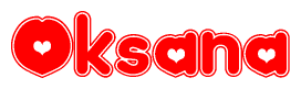 The image is a red and white graphic with the word Oksana written in a decorative script. Each letter in  is contained within its own outlined bubble-like shape. Inside each letter, there is a white heart symbol.