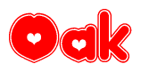 The image displays the word Oak written in a stylized red font with hearts inside the letters.