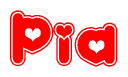 The image is a red and white graphic with the word Pia written in a decorative script. Each letter in  is contained within its own outlined bubble-like shape. Inside each letter, there is a white heart symbol.