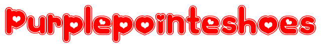 The image is a red and white graphic with the word Purplepointeshoes written in a decorative script. Each letter in  is contained within its own outlined bubble-like shape. Inside each letter, there is a white heart symbol.