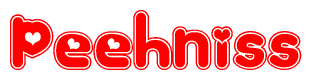The image is a clipart featuring the word Peehniss written in a stylized font with a heart shape replacing inserted into the center of each letter. The color scheme of the text and hearts is red with a light outline.