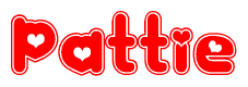 The image is a red and white graphic with the word Pattie written in a decorative script. Each letter in  is contained within its own outlined bubble-like shape. Inside each letter, there is a white heart symbol.