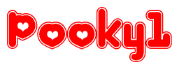 The image is a clipart featuring the word Pooky1 written in a stylized font with a heart shape replacing inserted into the center of each letter. The color scheme of the text and hearts is red with a light outline.