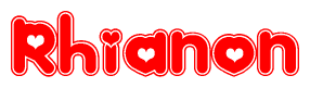 The image is a clipart featuring the word Rhianon written in a stylized font with a heart shape replacing inserted into the center of each letter. The color scheme of the text and hearts is red with a light outline.