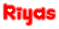 The image is a red and white graphic with the word Riyas written in a decorative script. Each letter in  is contained within its own outlined bubble-like shape. Inside each letter, there is a white heart symbol.