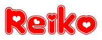 The image is a red and white graphic with the word Reiko written in a decorative script. Each letter in  is contained within its own outlined bubble-like shape. Inside each letter, there is a white heart symbol.