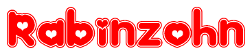 The image is a red and white graphic with the word Rabinzohn written in a decorative script. Each letter in  is contained within its own outlined bubble-like shape. Inside each letter, there is a white heart symbol.