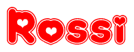 The image is a clipart featuring the word Rossi written in a stylized font with a heart shape replacing inserted into the center of each letter. The color scheme of the text and hearts is red with a light outline.