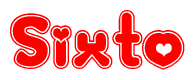 The image is a red and white graphic with the word Sixto written in a decorative script. Each letter in  is contained within its own outlined bubble-like shape. Inside each letter, there is a white heart symbol.