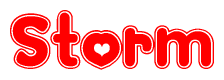 The image is a clipart featuring the word Storm written in a stylized font with a heart shape replacing inserted into the center of each letter. The color scheme of the text and hearts is red with a light outline.