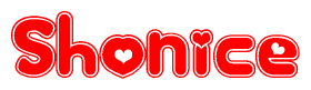 The image is a red and white graphic with the word Shonice written in a decorative script. Each letter in  is contained within its own outlined bubble-like shape. Inside each letter, there is a white heart symbol.