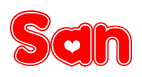 The image displays the word San written in a stylized red font with hearts inside the letters.