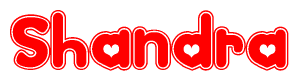 The image is a red and white graphic with the word Shandra written in a decorative script. Each letter in  is contained within its own outlined bubble-like shape. Inside each letter, there is a white heart symbol.