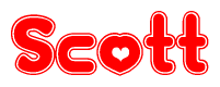 The image is a clipart featuring the word Scott written in a stylized font with a heart shape replacing inserted into the center of each letter. The color scheme of the text and hearts is red with a light outline.
