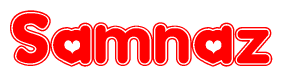 The image is a clipart featuring the word Samnaz written in a stylized font with a heart shape replacing inserted into the center of each letter. The color scheme of the text and hearts is red with a light outline.