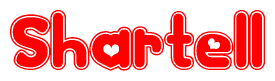 The image is a red and white graphic with the word Shartell written in a decorative script. Each letter in  is contained within its own outlined bubble-like shape. Inside each letter, there is a white heart symbol.