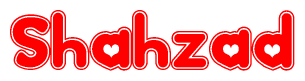 The image is a red and white graphic with the word Shahzad written in a decorative script. Each letter in  is contained within its own outlined bubble-like shape. Inside each letter, there is a white heart symbol.