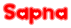The image is a red and white graphic with the word Sapna written in a decorative script. Each letter in  is contained within its own outlined bubble-like shape. Inside each letter, there is a white heart symbol.