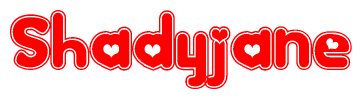 The image is a clipart featuring the word Shadyjane written in a stylized font with a heart shape replacing inserted into the center of each letter. The color scheme of the text and hearts is red with a light outline.