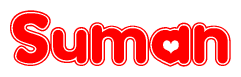The image is a red and white graphic with the word Suman written in a decorative script. Each letter in  is contained within its own outlined bubble-like shape. Inside each letter, there is a white heart symbol.