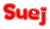 The image displays the word Suej written in a stylized red font with hearts inside the letters.