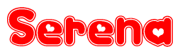 The image is a red and white graphic with the word Serena written in a decorative script. Each letter in  is contained within its own outlined bubble-like shape. Inside each letter, there is a white heart symbol.