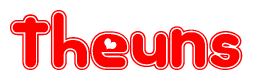 The image is a red and white graphic with the word Theuns written in a decorative script. Each letter in  is contained within its own outlined bubble-like shape. Inside each letter, there is a white heart symbol.