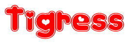The image is a clipart featuring the word Tigress written in a stylized font with a heart shape replacing inserted into the center of each letter. The color scheme of the text and hearts is red with a light outline.