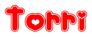 The image is a clipart featuring the word Torri written in a stylized font with a heart shape replacing inserted into the center of each letter. The color scheme of the text and hearts is red with a light outline.