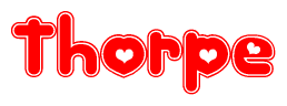 The image is a clipart featuring the word Thorpe written in a stylized font with a heart shape replacing inserted into the center of each letter. The color scheme of the text and hearts is red with a light outline.