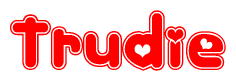 The image is a clipart featuring the word Trudie written in a stylized font with a heart shape replacing inserted into the center of each letter. The color scheme of the text and hearts is red with a light outline.
