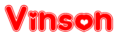 The image is a red and white graphic with the word Vinson written in a decorative script. Each letter in  is contained within its own outlined bubble-like shape. Inside each letter, there is a white heart symbol.